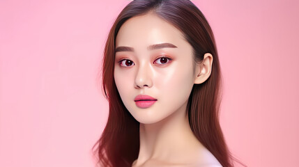Fototapeta premium Beautiful young asian woman with clean fresh skin on white background, Face care, Facial treatment, Cosmetology, beauty and spa, Asian women portrait.