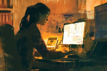 woman using a computer in the home office in light orange and dark gold