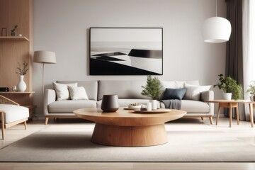 Fototapeta na wymiar Scandinavian Interior home design of living room with gray sofa and wooden table