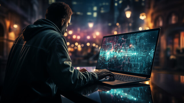 An over-the-shoulder view of a person in a hooded jacket typing on a laptop displays a complex cybersecurity interface, suggesting hacking or digital security work.
