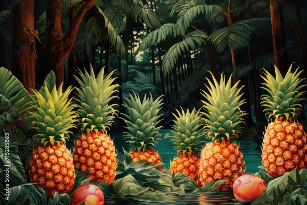 Poster  a painting of a group of pineapples in the middle of a forest with a river running through it.
