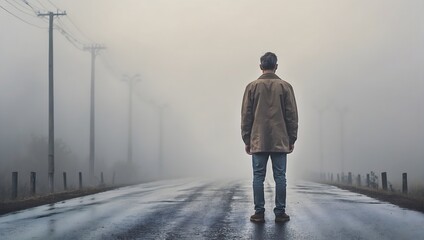 rear view, sad man standing on the road in the fog - obrazy, fototapety, plakaty