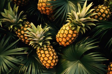  a group of pineapples with green leaves in the foreground and a yellow pineapple in the background.