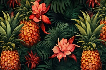  a painting of a bunch of pineapples with red and green leaves and flowers on a black background with red and green leaves.