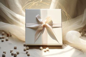 gift box with a white ribbon on a light background. close-up.