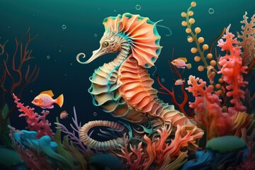 Fototapeta na wymiar a painting of a seahorse in the ocean with corals and other marine life on the bottom of the picture.