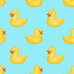 Watercolor seamless pattern. Yellow duck pattern. Toys. Bath duck background. Design for kids, children, textile, fabric, home decor. Rubber ducks for bath. Painted ornament. Blue background