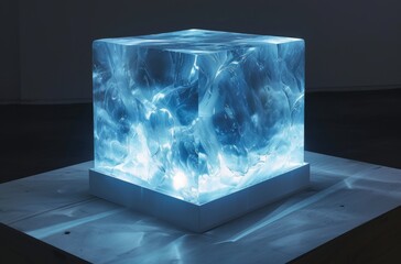 a translucent square cube with blue lights 