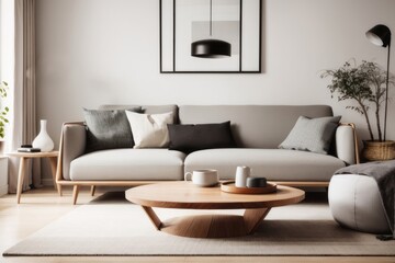 Scandinavian Interior home design of living room with gray sofa and wooden table