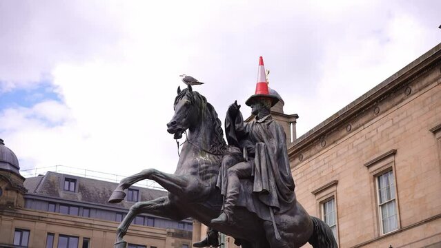Equestrian statue of the Duke of Wellington. Edinburgh Old town Scotland. tourism landmark, tourist destination in UK.