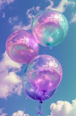 transparent purple and azure balloons with blue sky and clouds