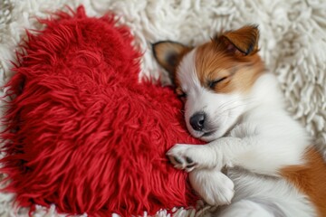 A small puppy fast asleep while embracing a red heart pillow.