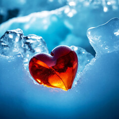 The orange icy heart lies in the snow.