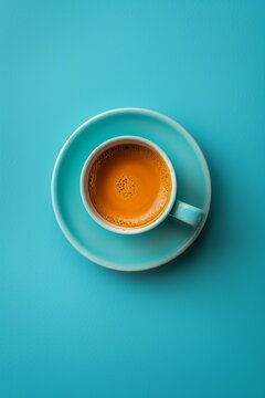 a cup of coffee on the table blue background 