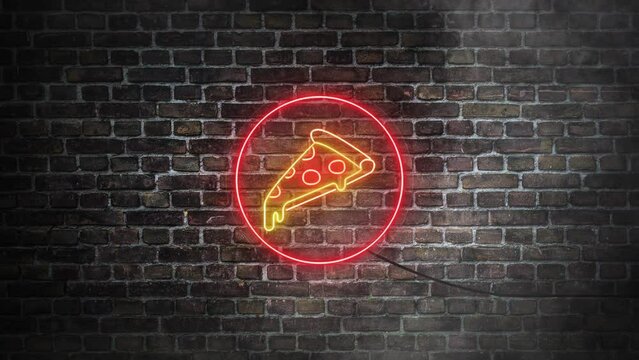 Pizza slice neon signboard on bricks wall background. Pizza with pepperoni logo or symbol in red and yellow neon colors. 