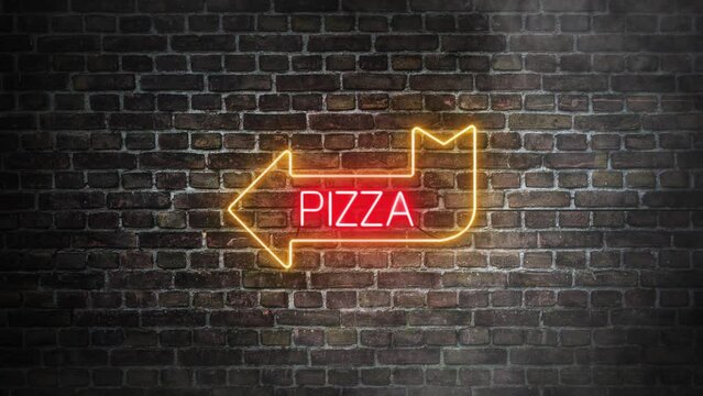 Pizza arrow neon signboard on bricks wall background. Horizontal arrow in left direction with pizza word in the middle in neon colors, yellow arrow and red pizza letters.