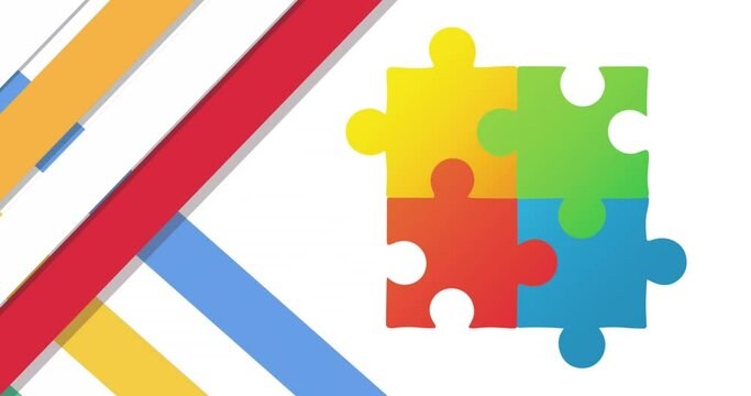 Animation of multi coloured puzzle pieces over white background