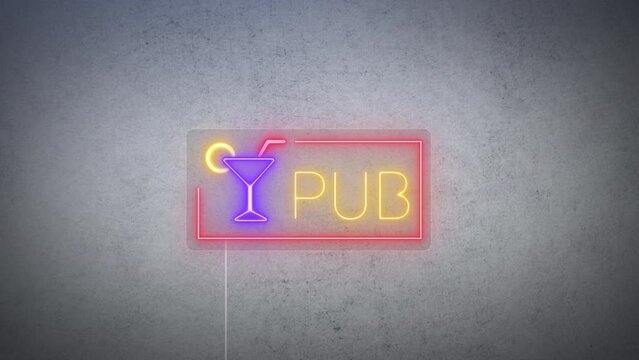 Pub with cocktail glass logo or symbol neon signboard on wet wall background. Pub entrance design. Red neon frame, yellow neon text and violet neon cocktail glass.