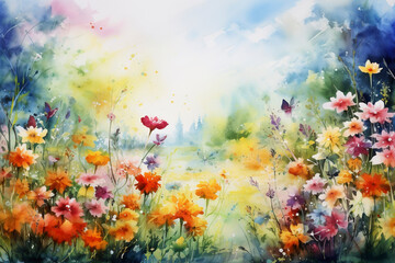 Obraz na płótnie Canvas Vibrant watercolor painting of a wildflower meadow with a sunny backdrop.