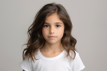 Portrait of a cute little girl with long curly hair on a gray background