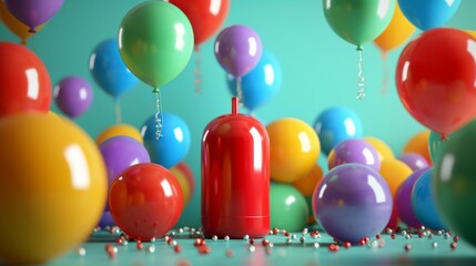 A group of balloons gathered around a helium tank each one trying to outdo the others as they fill up with air in this comical inflation contest