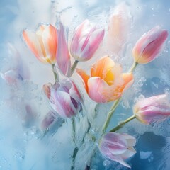  a bunch of pink and yellow tulips in a vase of water with drops of water on the surface.