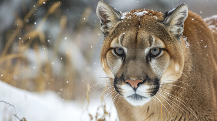 Closeup of a weathered cougar its face marked with scars and battle s from its life in the unforgiving snowy landscape. Despite its rugged appearance there is still a hin