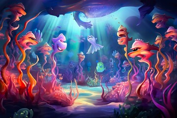 Obraz premium Colorful fish resembling flowers perform a chorus in a mystical sea.