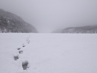 Footprints on a foggy lake 