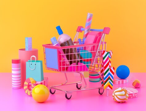 colorful images of a shopping cart with various items on a yellow and pink background 