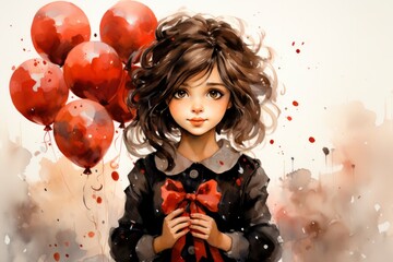A whimsical girl, clutching a vibrant balloon, stars in a watercolor postcard, a joyful illustration bursting with creativity and youthful charm - obrazy, fototapety, plakaty