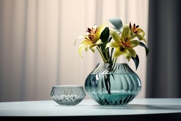  a vase filled with yellow flowers sitting on top of a table next to a glass vase with flowers in it.