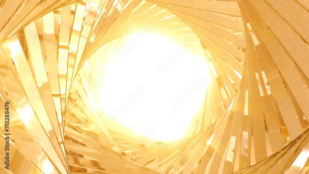 Poster abstract metallic shiny golden yellow polyhedral tunnel frame made of lines of hexagonal edges, mech