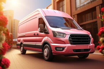 Express Delivery Van with Red Branding, on an isolated Rose Gold background, Generative AI