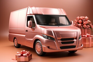 Express Delivery Van with Red Branding, on an isolated Rose Gold background, Generative AI