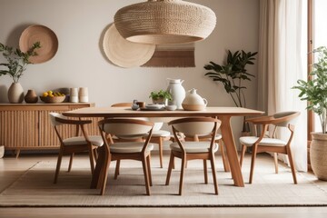 Fototapeta premium classic interior home design of dining room with wooden dining table and chair