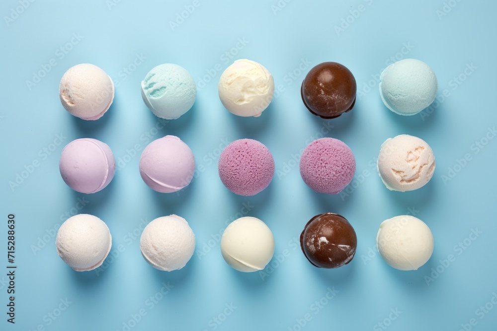 Poster a group of different types of ice creams on a blue surface with one of them in the middle of the gro