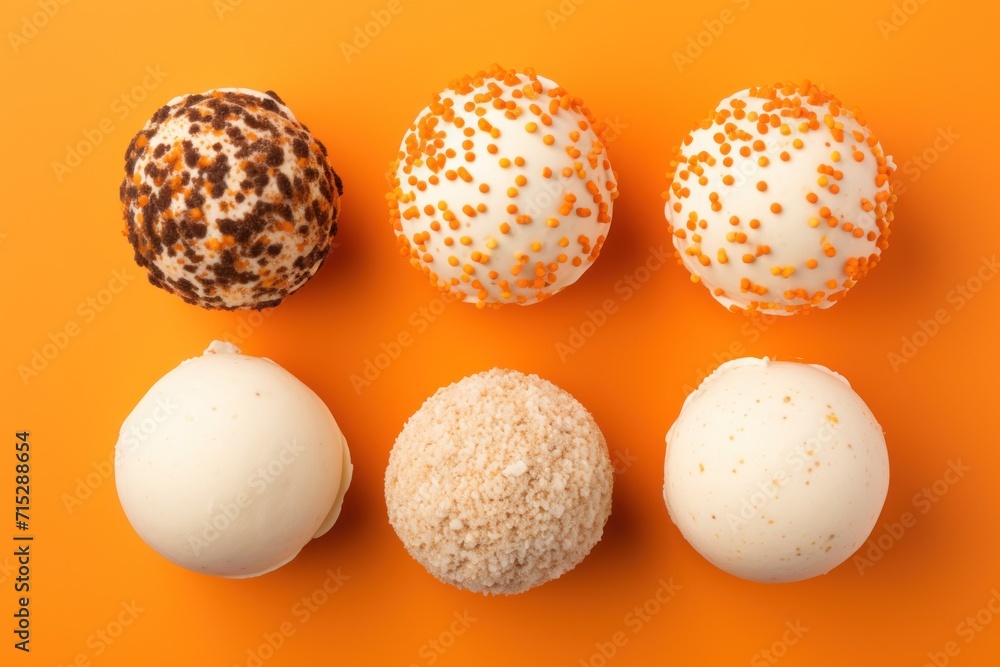 Poster a number of different types of doughnuts on an orange surface with sprinkled sprinkles.