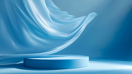 3d podium or product presentation stand with silk fabric flying wave in the background. Luxury lite blue theme fashion premium product photography empty room generated by ai - obrazy, fototapety, plakaty