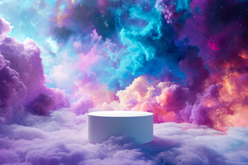 Floating Podium in a Nebula, a small sleek white podium floating serenely in the midst of a colorful nebula. nebula swirls with vibrant hues of purple, blue, and pink, podium for product presentation