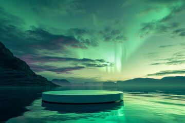 Floating Podium in Aurora Sky, minimalist white podium on a small floating island, under the mesmerizing dance of aurora borealis. for product presentation