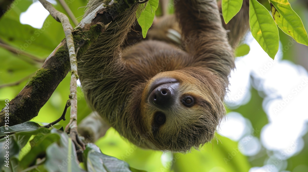 Poster closeup of an agile sloth gracefully hanging upside down skillfully maneuvering through the branches