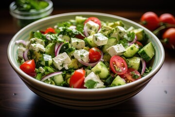  a salad with cucumbers, tomatoes, onions, and feta cheese in a white bowl on a wooden table.