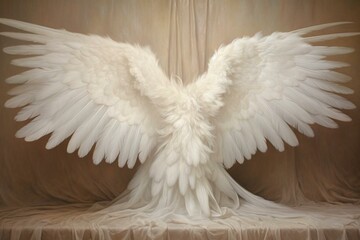 Dreamy, lifelike background of angel wings with a bird's white wing. Generative AI
