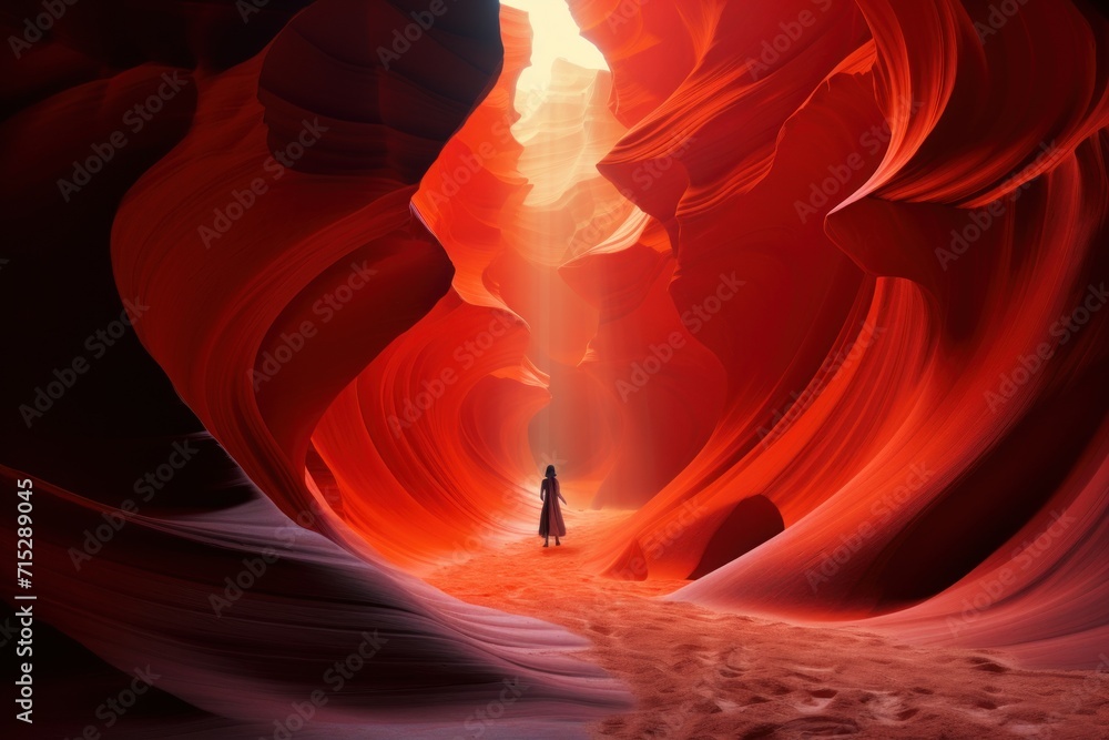 Poster a person standing in the middle of a canyon with a light at the end of the tunnel and a bright light