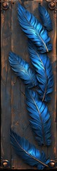 Blue and Copper Metal Bird Feathers on a Wooden Background in the Style of Intricate Woodwork rendered in Maya Organic Stone Carvings Gothic Art Wallpaper created with Generative AI Technology
