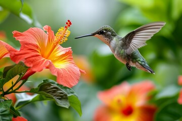 Naklejka premium A hummingbird hovering near exotic flowers.