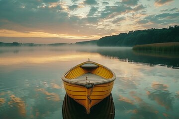 A single boat on a calm lake at dawn.