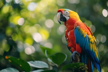 A vibrant macaw perched in a rainforest.