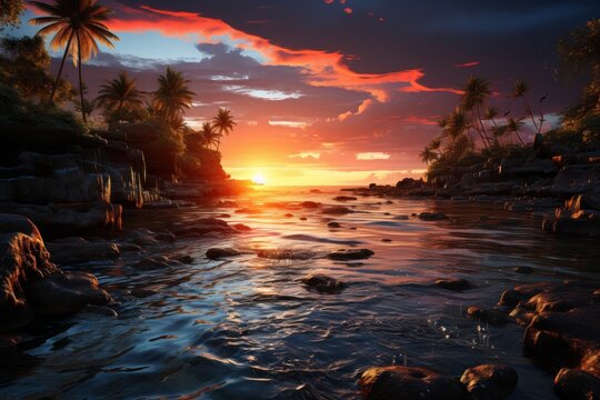  a painting of a sunset over a body of water with rocks in the foreground and palm trees in the background.